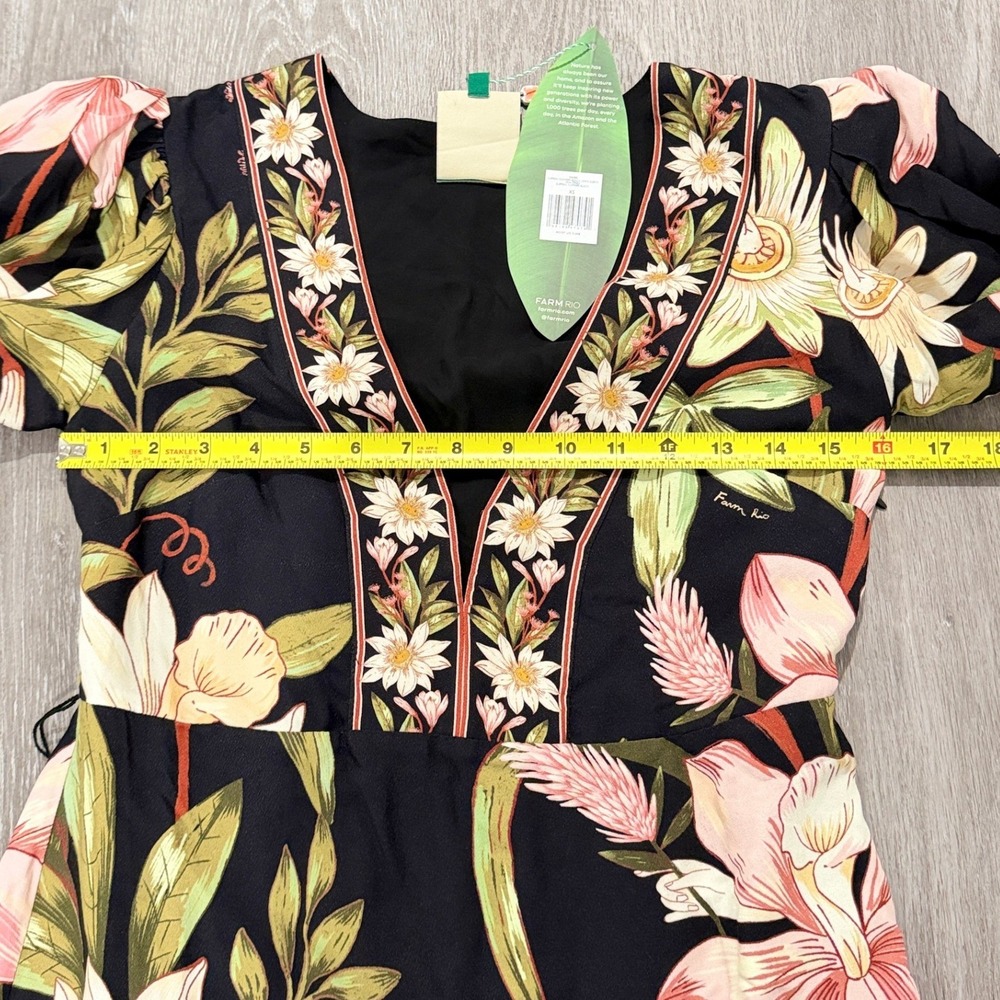 NEW Farm Rio Surreal Flowers Black Long Sleeve Mini Dress Belted Ruffle Hem XS - Picture 8 of 9
